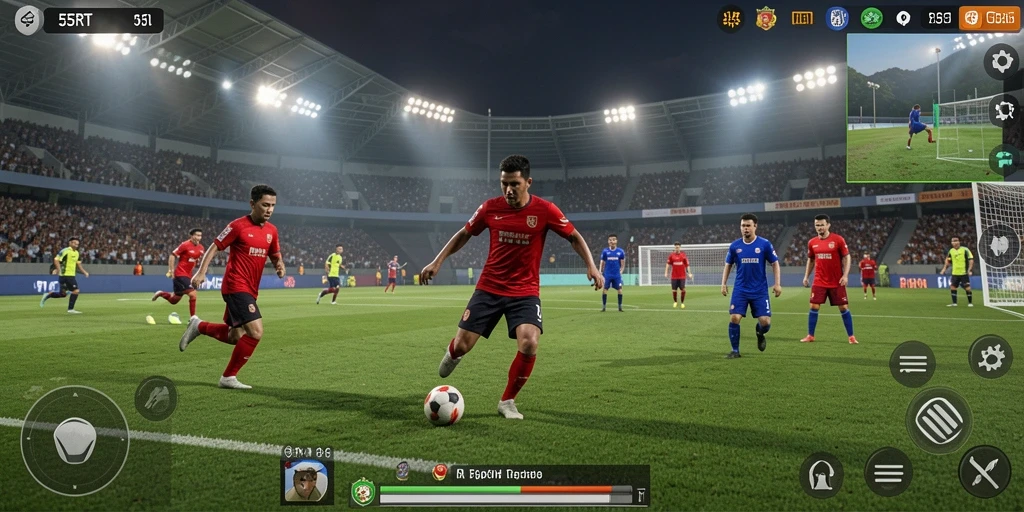 Screenshot gameplay 55RT dengan aksi sepak bola yang seru.