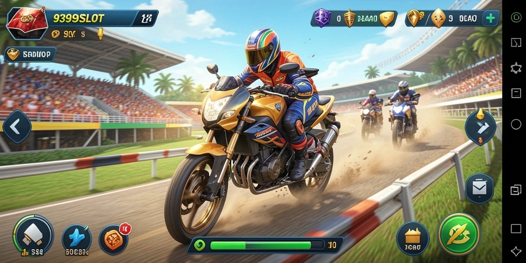 Screenshot gameplay menampilkan mobil balap yang melaju kencang di lintasan.