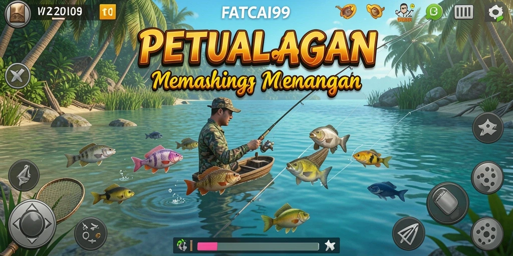 Tampilan gameplay seru di FATCAI99 saat menangkap ikan besar.