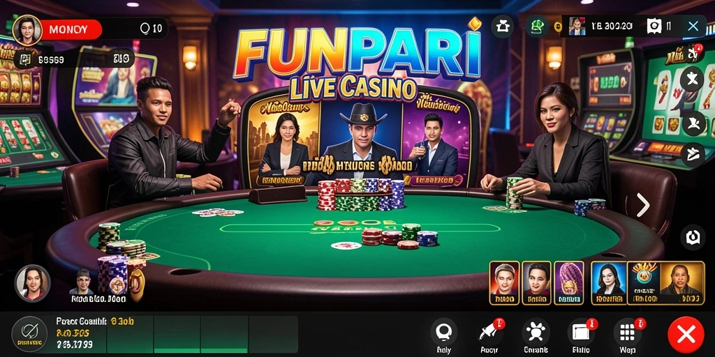 Gameplay Live Casino FUNPARI dengan dealer profesional dan suasana kasino nyata.