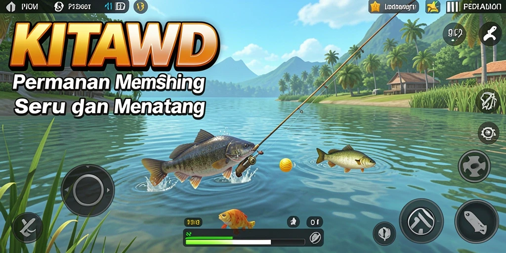 Screenshot KITAWD menampilkan aksi memancing yang seru dan lingkungan yang indah.